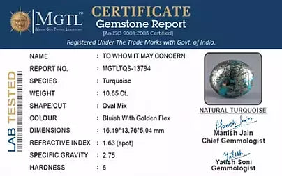 Turquoise - 10.65 Carats ( Firoza - 11.61 Ratti )