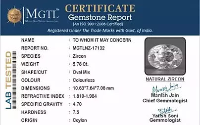 White Zircon - 5.76 Carats (Jarkan - 6.28 Ratti)
